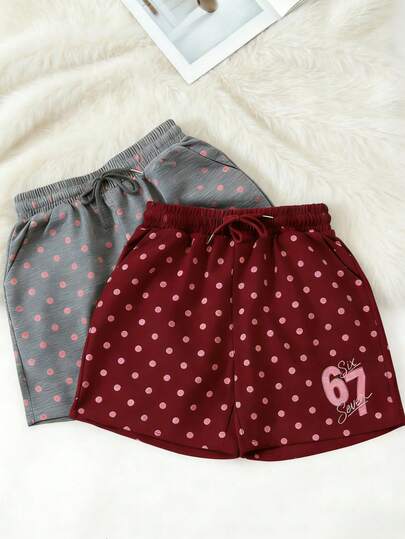 Bộ 2 quần short nữ mùa hè nhẹ, in số 67 và chữ "Seven" cách điệu, cạp chun có dây rút, túi trước - Màu xám và đỏ tía - Lý tưởng cho mặc thường ngày, chạy bộ, tập luyện và mặc ở nhà.