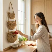 Túi treo đựng trái cây mới, làm bằng dây gai đan thủ công, giỏ đựng rau củ nhà bếp, treo tường, phong cách Bohemian. - màu nâu - Xem 2