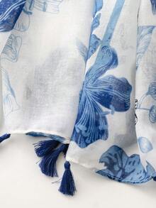 1pc Women's Linen Tassel Printed Scarf, Suitable For Beach, Vacation And Daily Life, Adding Highlights To Your Style, All Seasons,Accessories,Holiday - Blue - View 5