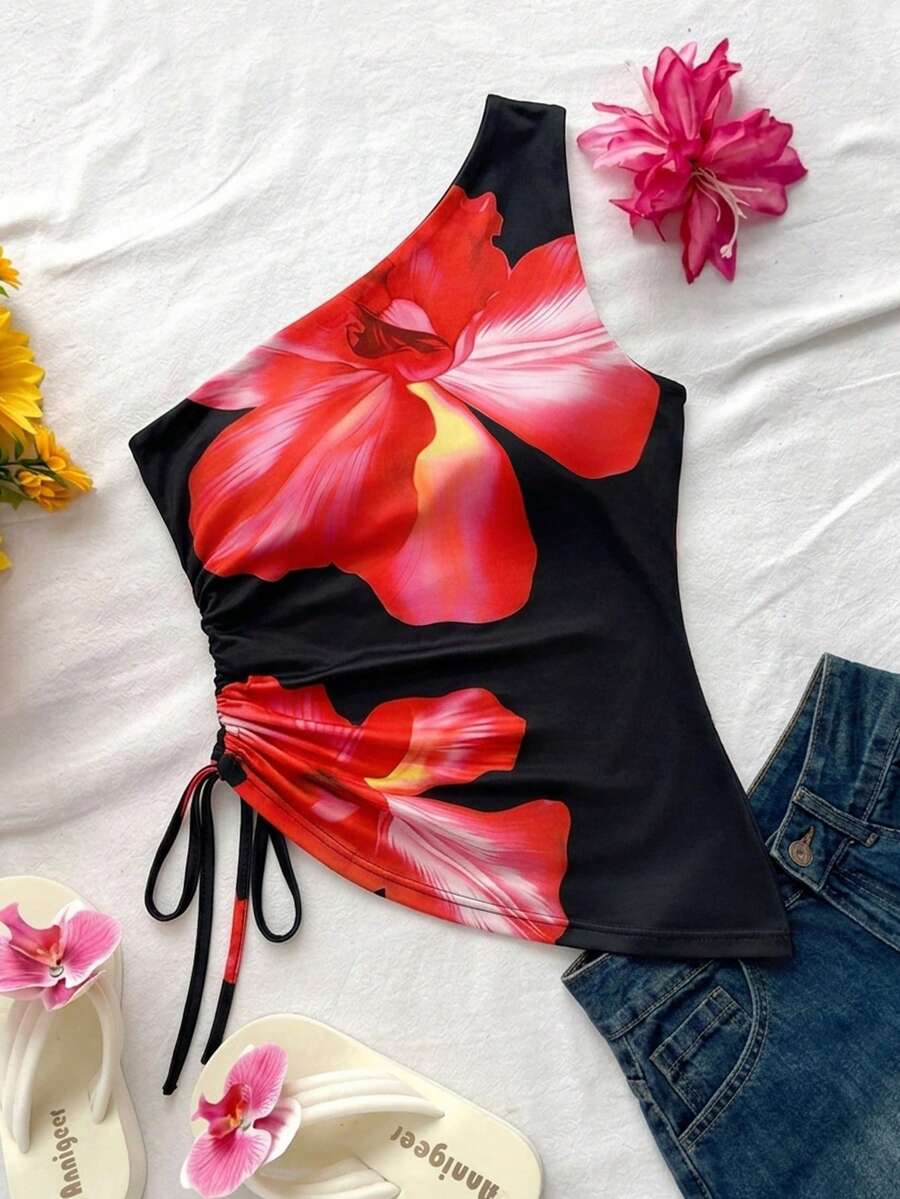 Elegant Women's Summer Floral Print Off-Shoulder Top, Black/Red Flower Drawstring Ruched Fitted Blouse, Vacation Casual Design Camisole - Multicolor - View 1