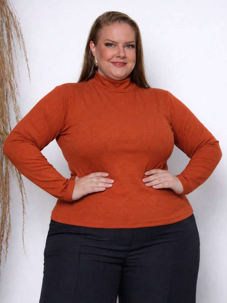 Women's Plus Size Fashion Blouse, High Neck, Ribbed, Thermal, Flannel Lined, Long Sleeves, Comfortable For Winter. - 紅陶 - 查看 1