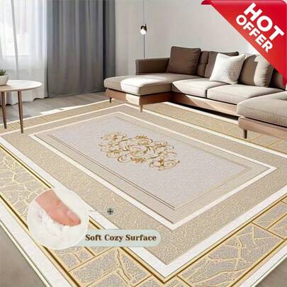 Washable Rugs For Home Living Room, Multiple Sizes Available, Velvet Rectangular Large Indoor Outdoor Area Rug, Non-Shedding Waterproof Stain Resistant Easy Clean, Vintage Ornate Floral Border Beige Gold Soft Carpet For Patio Deck Porch Bedroom Kitchen Bathroom RV Hallway Garden, Home Decor Rug For Bathroom Accessories