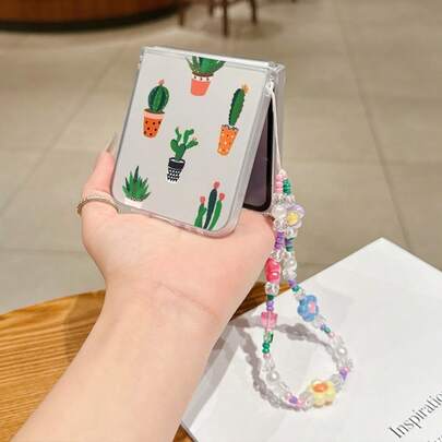 1PC Fashion Matte PC Material Simple And Cute Full Screen Cactus Pottery Element Folding Phone Case, Paired With Same Color Bracelet, Can Protect And Prevent Falling For: SamsungGalaxy Zflip 3/Zflip 4/Zflip 5/Zflip 6/Zflip 7/ Find N3 Flip/ Razr 50 Ultra/ Razr 60 Ultra/ Razr 60/XiaomiMIX Flip/Galaxy Z Flip7 FE