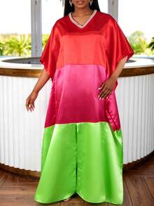 Vestido largo y suelto de satén para mujer AOMEI, con cuello en V, decoración de perlas y mangas tipo murciélago, vestido modesto tipo kaftan, adecuado para la iglesia y ocasiones formales - Rojo - Ver 4