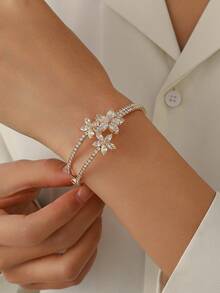 1pc Fashion Floral Cubic Zirconia Decorated Multi-Layer Open Bangle Bracelet, Suitable For Women's Daily Wear - Silver - View 11