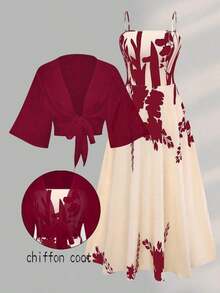 2pcs Women's Elegant Floral Chiffon Dress And Jacket Set, Romantic Outfit For Date And Vacation Spring - 酒紅色 - 查看 12