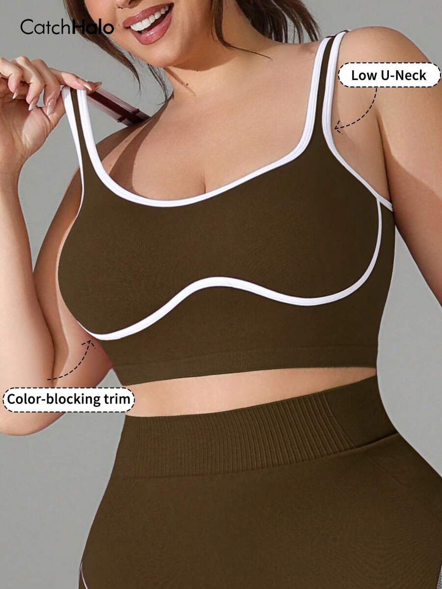 Plus Size Women Seamless Bra, Contrast Color Trim Design, High Elasticity, Soft & Comfortable, Casual Daily Wear For Summer Sports