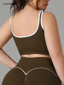 Plus Size Women Seamless Bra, Contrast Color Trim Design, High Elasticity, Soft & Comfortable, Casual Daily Wear For Summer Sports - Coffee Brown - View 3