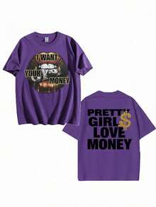 Fly "I Want Your Money" Hip-Hop Flow T-Shirt Pure Cotton Double-Sided Printed T-Shirt, Suitable For Men And Women,Top Pick Gift For Summer Casual Tees - 紫色 - 查看 2