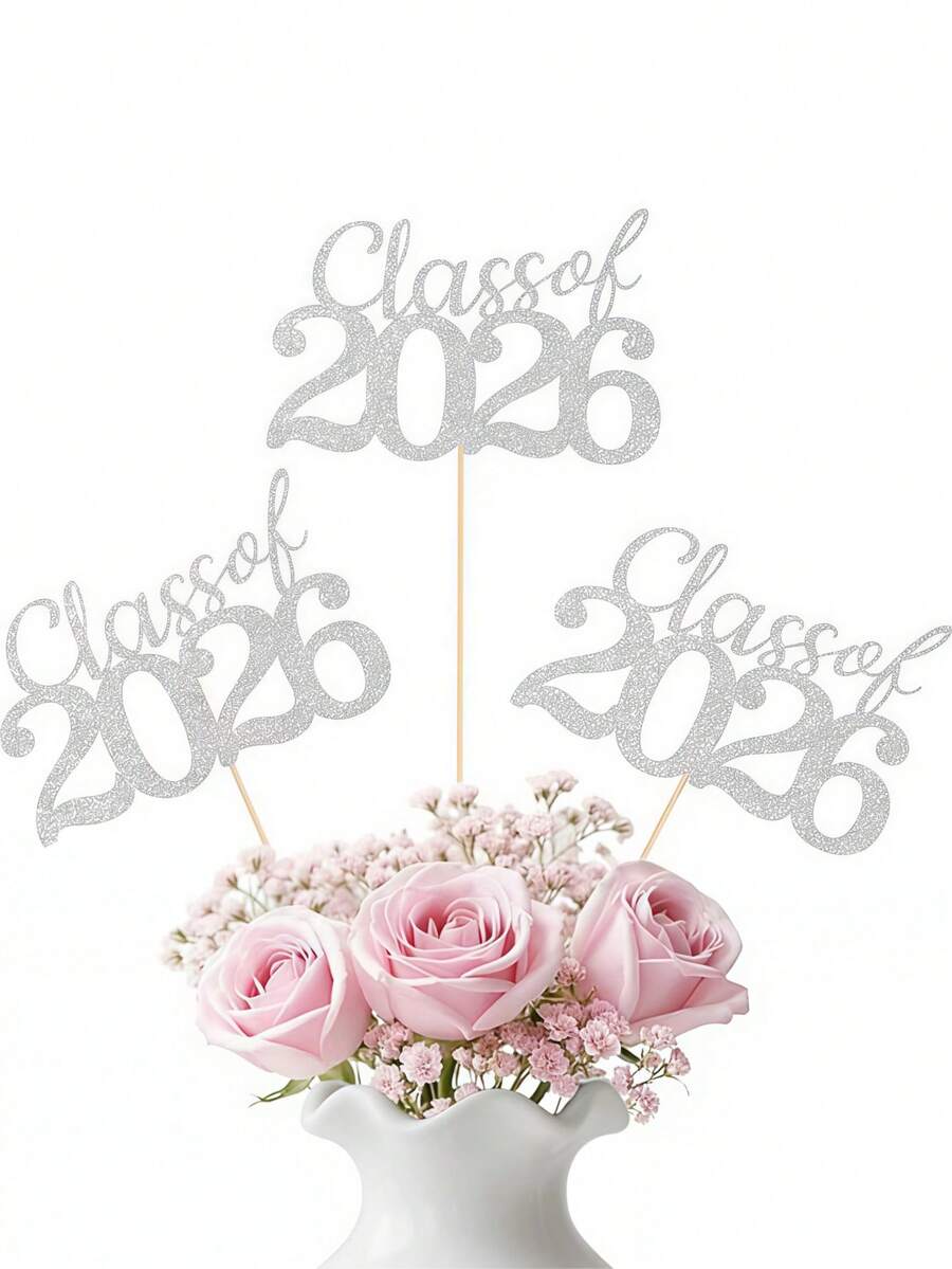 12件套2026银色闪光毕业典礼中心装饰品，2026银色闪光双面毕业典礼中心装饰品，2026银色双面毕业典礼中心装饰品带支架，适用于高中和大学毕业派对装饰