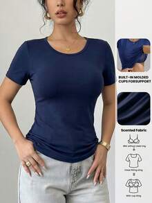 1pc Women's Scented T-Shirt With Built-In Bra, Wireless Short Sleeve Top With Fixed Padding, Slim Fit Solid Color Top Summer - Navy Blue - View 2