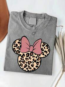 Disney Women's Minnie Mouse Leopard Print Graphic Oversized Short-Sleeved T-Shirt - Pink Bow Round-Neck Top, Soft Cotton Breathable Fabric, Casual Daily Wear - Xám - Xem 1