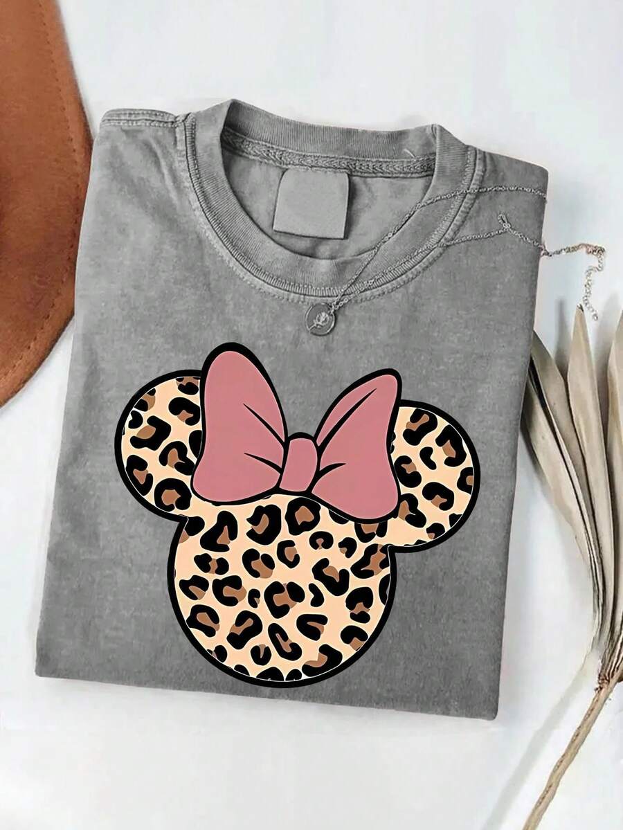 Disney Women's Minnie Mouse Leopard Print Graphic Oversized Short-Sleeved T-Shirt - Pink Bow Round-Neck Top, Soft Cotton Breathable Fabric, Casual Daily Wear - Xám - Xem 1