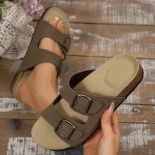 Women's Sandals Flats Soft Open Toe Summer Slide With Adjustable Buckle Slippers Shoes - Nâu sẫm - Xem 9