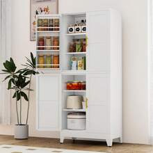 74.8" Tall Metal Food Cabinet, White Kitchen Pantry Cabinet, Storage Cabinets With 4 Door And 4 Adjustable Shelves, Steel Freestanding Cupboard For Kitchen Dining Room Living Room Bathroom - trắng - Xem 6