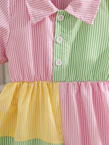 Vestido camisero casual de niña con rayas y parches, para primavera/verano - Verde - Ver 4
