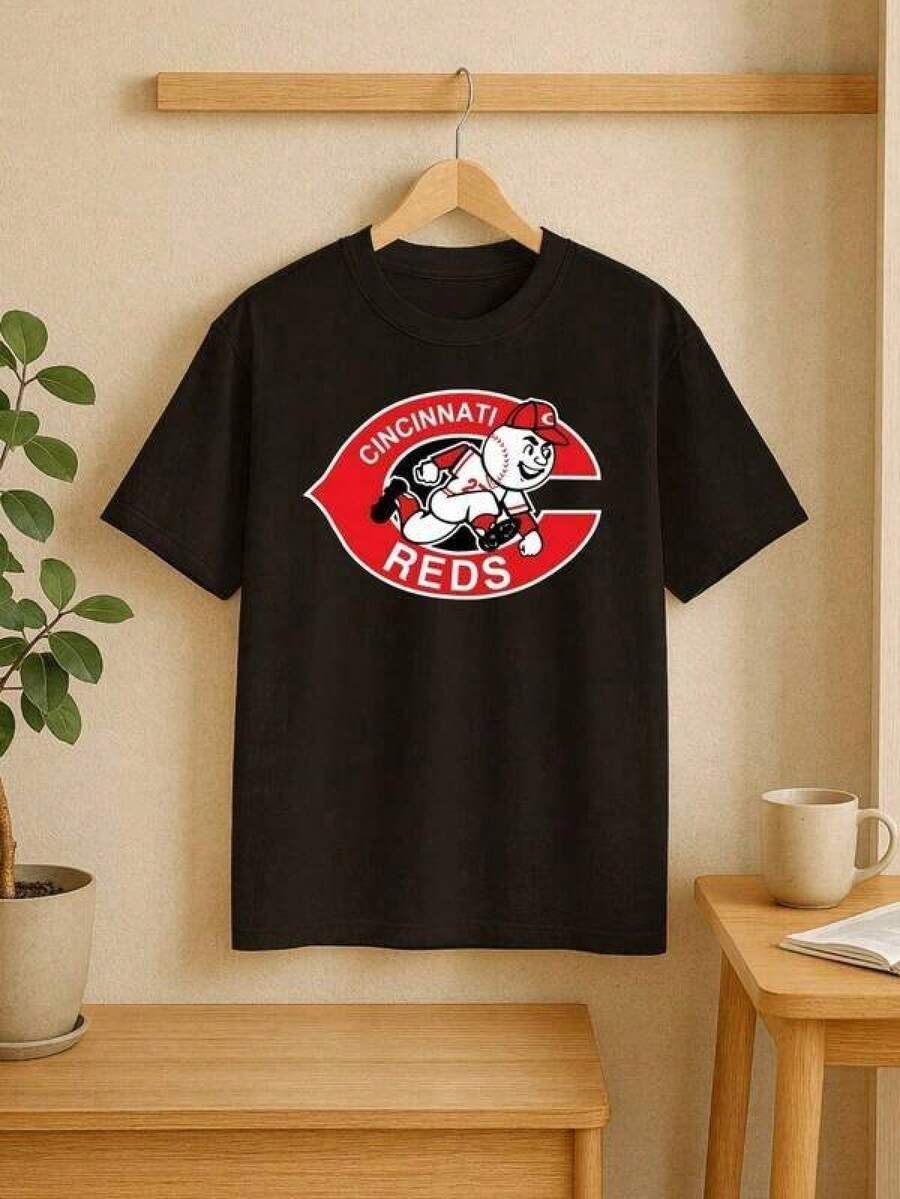 T Shirt Print ,Graphic-Cotton Tees Size Plus, Cartoon Round Neck Short Sleeve,Men Cotton T Shirt Casual Sporty Style - Cincinnati Reds Baseball Team Logo Print With Classic Cartoon Character Desi - 黑色 - 查看 1