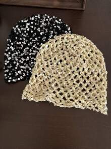 Mũ xô đính sequin kiểu INS dành cho nữ, mũ xô đan rỗng. - A - Xem 3