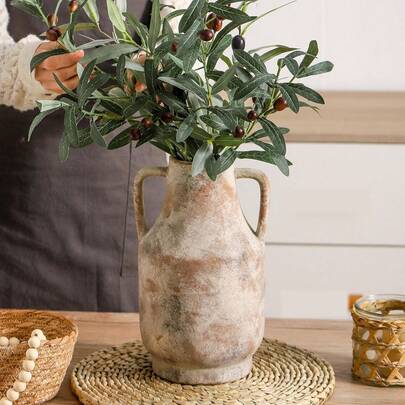 1 pieza Jarrón de cerámica de terracota con doble asa, estilo rústico Wabi-Sabi para decoración de mesa del hogar y regalo de inauguración de casa, jarrón para flores