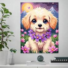 1 Kit de Pintura por Números, Ideal para Principiantes Adultos, Lindo Perro con Flores y Paisaje Pastel, Para Amantes de los Perros, Entusiastas del Arte Floral, Fanáticos de los Colores Pastel, Admiradores de la Decoración Acogedora del Hogar, Set de Coloreo Familiar - Pintura Acrílica con Lienzo y - Enmarcado - Ver 2