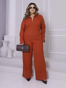Women's Plus Size Winter Set, Plain, Consisting Of Wide-Leg Pants And A Zippered Top In Ribbed, Fleece-Lined Knit Fabric. - 屋頂的瓦片 - 查看 4
