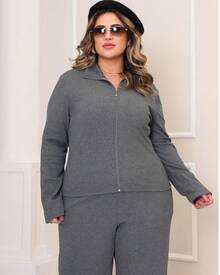 Women's Plus Size Winter Set, Plain, Consisting Of Wide-Leg Pants And A Zippered Top In Ribbed, Fleece-Lined Knit Fabric. - Grey - View 5