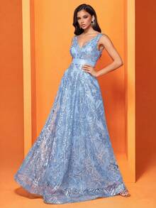 BluePlum Plus Size Women's High-Quality Sequin Embroidery Patchwork V-Neck A-Line Elegant Cocktail Party Gown, Suitable For Wedding, Anniversary, Family Formal Celebration, Bridal Shower, Birthday Party, Luxury Dignified Mother Of The Bride Dress (Heavy Decoration) - Light Wash - View 6