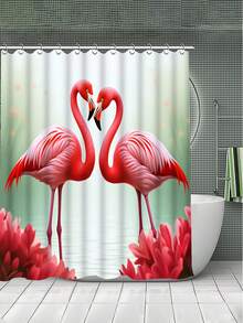 1/3/4 件套心形火烈鸟浴室浴帘套装；浪漫热带设计，防水耐用，适合浴室装饰及配件。尺寸：71 英寸 x 71 英寸，包含 12 个挂钩、马桶盖、浴垫和地毯。 - 火烈鳥 - 查看 3