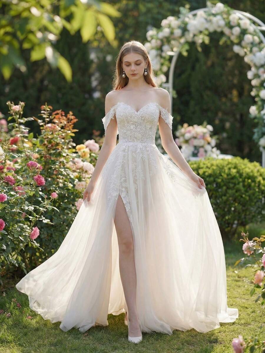 YOUKEFEIER 優雅露肩性感高開衩蕾絲刺繡長款婚紗禮服,適合婚禮宴客賓客穿著 - 米色 - 查看 1
