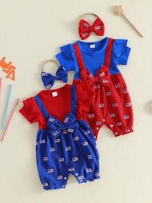 Newborn Baby Girl 4th Of July Romper My First 4th Of July Outfit Long Sleeve Cute One Piece Knit Jumpsuit Infant Outfits With Bow Headband, Baby Girl 4th Of July Outfit, Newborn Summer Clothes - 紅色 - 查看 9