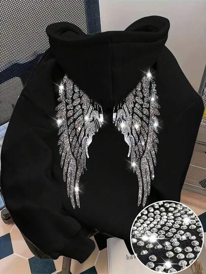 Women's Black Rhinestone Winged Glitter Sweatshirt, Cute Women's Sweatshirt For Fall, Back To School Casual