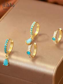 Hihho Bộ 4 đôi bông tai thiết kế độc đáo, sang trọng, đính đá ngọc lam, phụ kiện trang trí tinh tế dành cho nữ, thích hợp đeo hàng ngày, lễ hội, mua sắm và du lịch. - Bộ hoa tai - Xem 5