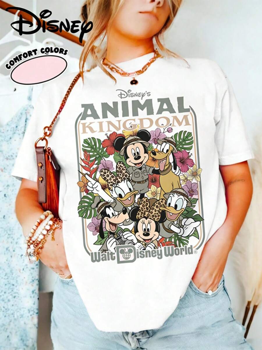 Disneyland Animal Kingdom Safari Pink Sweatshirt Graffiti Print Crew Neck Short Sleeve Casual T-Shirt For Women Tee Casual Short Sleeve Top Cute Casual Short Sleeve T-Shirt,Selected 100% High-Quality Cotton Fabric, Soft And Skin-Friendly, Breathable And Sweat-Absorbent. It Offers No Constraining Feeling During Daily Wear And Is Suitable For Spring And Summer Seasons As Well As For Long Trips. For Womencoords Sets For Women,Conjuntos De Mujer Elegantes - 白色 - 查看 1