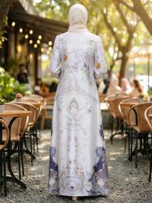 Women's Arabic Style Long Dress, Round Neck Design, Made Of Printed Woven Fabric, Elegant And Comfortable White Fall - White - View 3