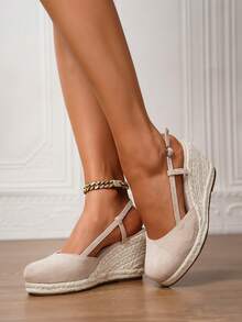 女士厚底坡跟一脚蹬鞋，女士厚底坡跟草编凉鞋，人造革坡跟凉鞋，夏季假日黑色绑带一脚蹬圆头3.15英寸鞋跟踝带鞋，舒适编织草镂空鞋，尺码34-43，大码女鞋，女士高跟鞋，女士高跟凉鞋，女士高跟鞋，优雅女鞋 - 杏色 - 查看 7