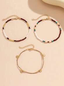 3pcs Bohemian Multi-Layer Beaded Colorblock Anklet, Casual Beach Style Shell Anklet - Multicolor - View 4