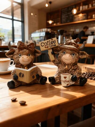 1/2pcs Coffee Theme Highland Cow Resin Sculpture Set - Scottish Cow Sculpture With Coffee Cup And Books, Rustic Farmhouse Decor/Outdoor, Great Gift For Coffee Lovers, Detailed Texture, Durable Resin Cow Sculpture (Brown/White Cow Pattern) Christmas Decor, Highland Cow Gift, Suitable For Home Desktop, Room, Office, Living Room, Balcony, Garden Decoration