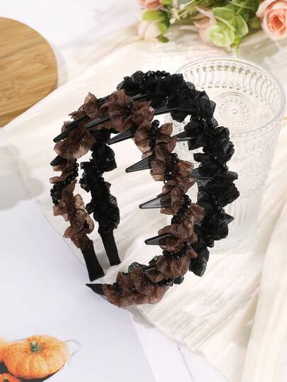 1件复古褶皱薄纱花朵发箍，带防滑齿，日常/通勤/轻度复古造型发饰