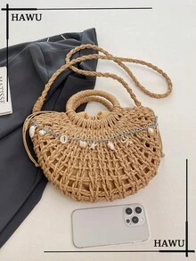 1个半圆形镂空手提包，时尚沙滩度假草编包 - 卡其色 - 查看 4