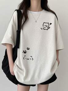 Japanese Women's Spring And Summer Pure Cotton Crew Neck Loose Fit 100 Pieces Simple Print Short Sleeve T-Shirt - Light Grey - View 2