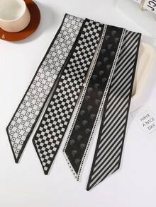 Bộ 4 khăn quàng cổ và băng đô thời trang nữ, kẻ sọc, caro, in hoa đậu phộng, thích hợp cho sử dụng hàng ngày, mùa xuân/hè, đi nghỉ mát. - Đen và trắng - Xem 2