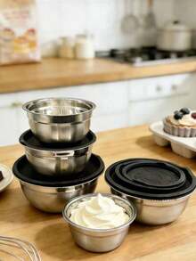 Bộ 1/5 món, bát trộn salad có nắp, bát đựng trái cây, bộ bát trộn, phụ kiện nhà bếp, bát trộn salad bằng thép không gỉ với đế silicon và thảm chống trượt, thích hợp để bảo quản thực phẩm, chuẩn bị bữa ăn, làm salad, dụng cụ nhà bếp. - màu đen - Xem 13