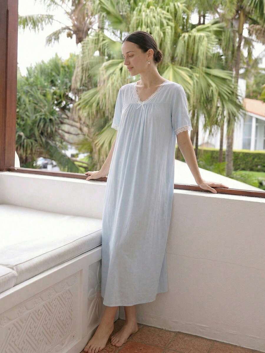 Đồ ngủ nữ cổ chữ V, đồ mặc nhà mùa hè mới tay ngắn ngọt ngào, thoải mái. - Màu xanh lam - Xem 1