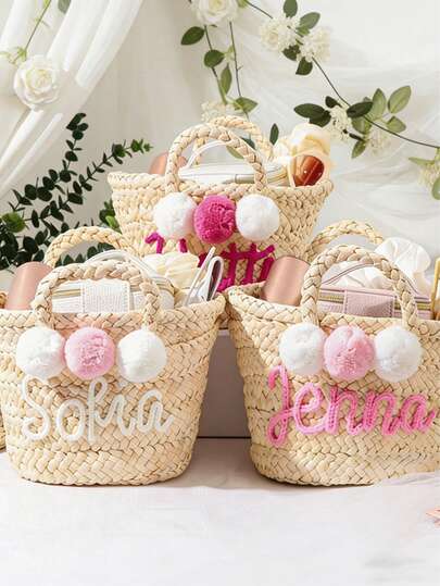 1pc Customizable Name Personalized Straw Beach Bag, Vacation Travel Tote Bag, Unique Gift For Women, Bridesmaids, Mother's Day