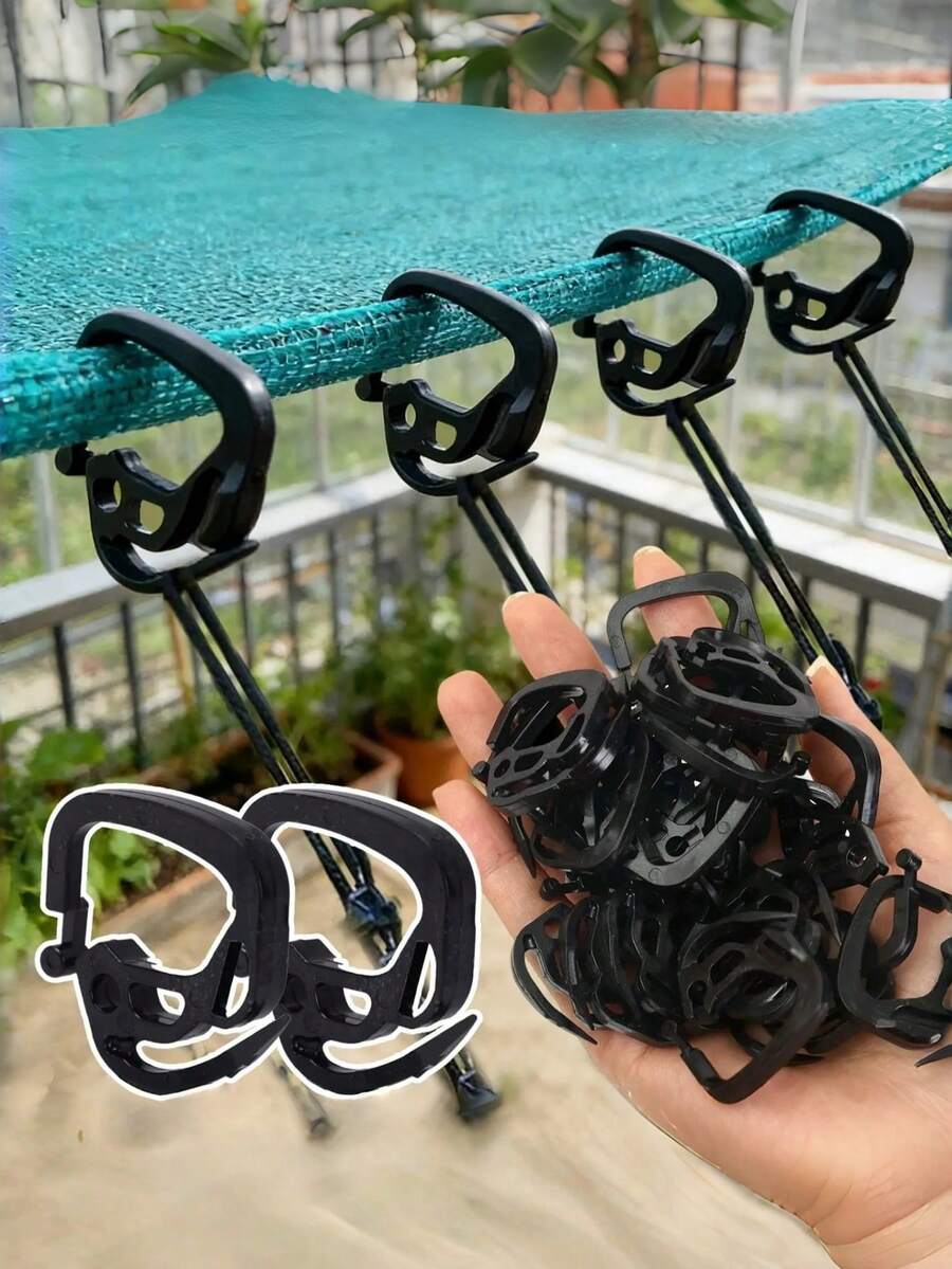 100 piezas de ganchos reutilizables negros de plástico para red de sombra para camping y refugio solar al aire libre - Negro - Ver 1