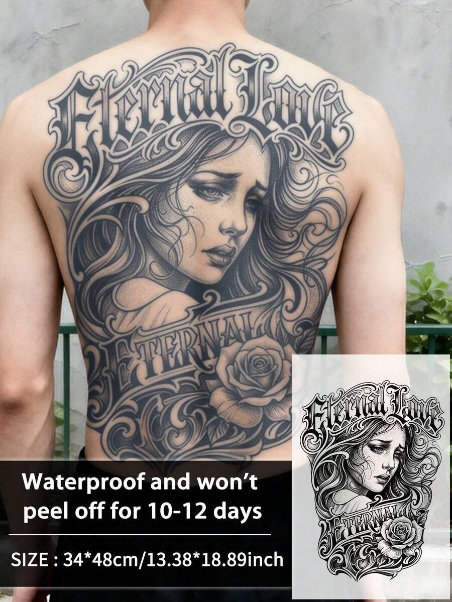1 pieza Tatuaje temporal falso para la espalda de hombres, retrato femenino , gótico, semi-permanente, resistente al agua y al sudor, que dura de 1 a 2 semanas, realista, con jugo de hierbas, antifricción, sin reflejo, negro, para mujer y hombre, pegatinas de tatuaje para brazo, pecho, pierna - HM063 - Ver 1