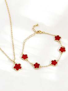 Bộ trang sức hình cỏ bốn lá may mắn thanh lịch - Mạ vàng 18K, khảm nhựa, vòng tay và dây chuyền mặt hoa bằng thép không gỉ 304L, món quà lý tưởng cho các cô gái và bạn bè, phụ kiện thời trang cho mọi dịp. - Bộ vòng tay và mặt dây chuyền hoa - Xem 4