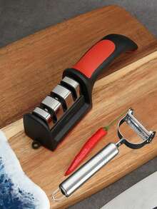 1pc Multifunctional Household Knife Sharpener, Kitchen Manual Grinding Sharpening Stone, Quick 3-Stage Repairing Tool For Knives, Scissors, And Other Accessories With Tungsten Steel - Reddish Black - View 13