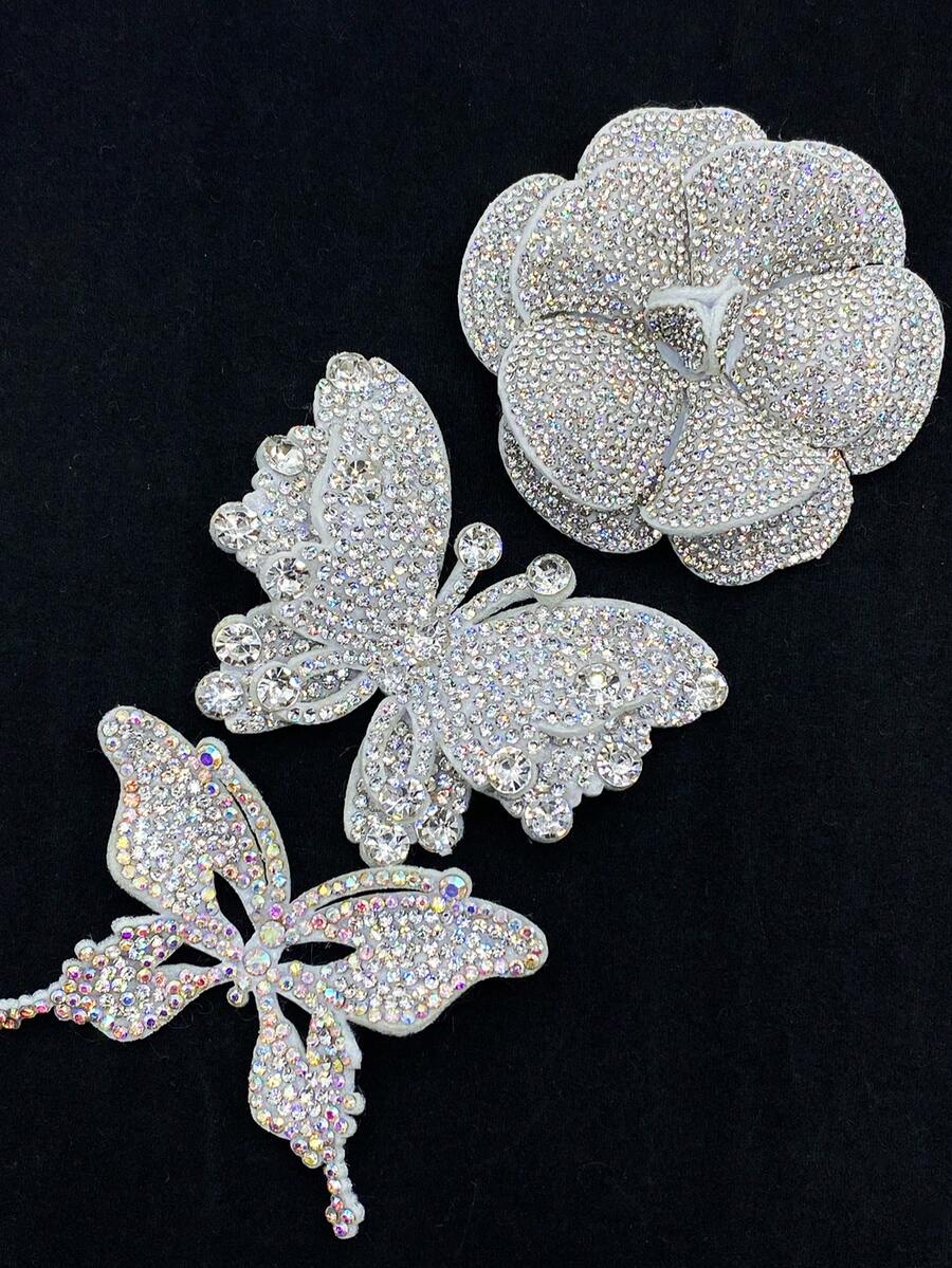 3pcs/Set Patch Bunga 3D Berhiaskan Berlian Imitasi Putih, Aksesoris Pakaian DIY, Sepatu, Tas - Satu set berisi 3 bunga putih - View 1