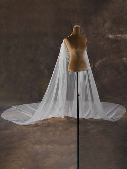 1pc 3D Floral Trailing Bridal Cape, Lace Beaded Wedding Cloak, Suitable For Church Wedding Ceremony, Party, Bridal Photography Accessories